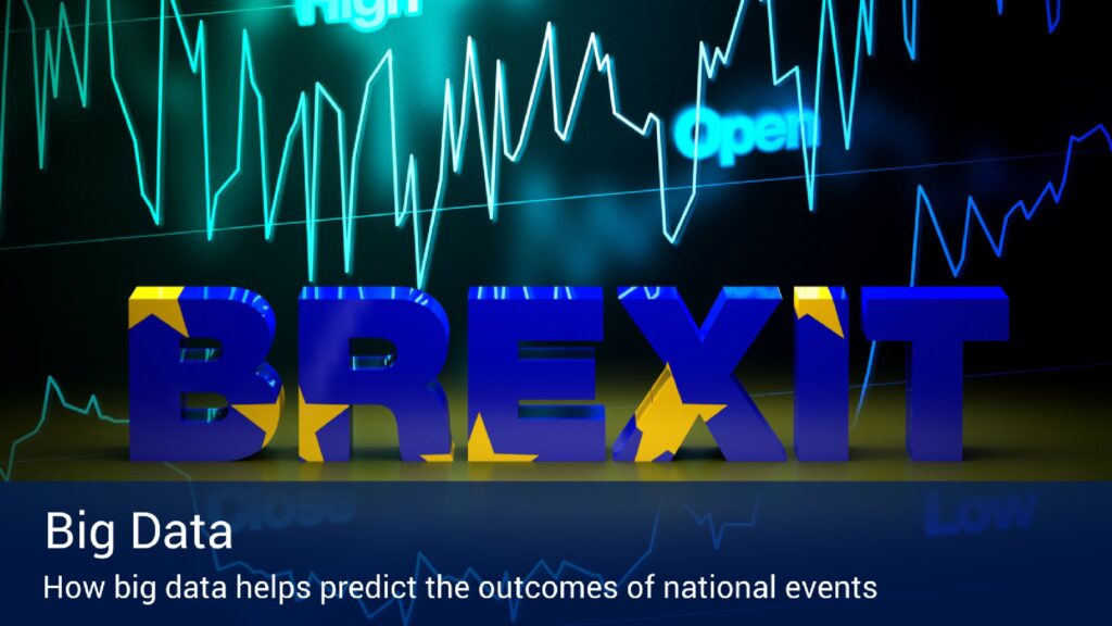 Graphic text reading "Brexit" in large blue letters against a black background and blue trend lines, with a banner at the bottom that reads "big data".