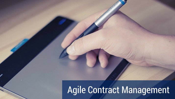 Close up of someone writing on a tablet, and a banner that says "agile contract management".