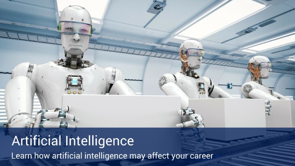 Three artificial intelligence robots that look like humans standing side by side loading boxes on an assembly line, with a banner at the bottom of the image that says "artificial intelligence".