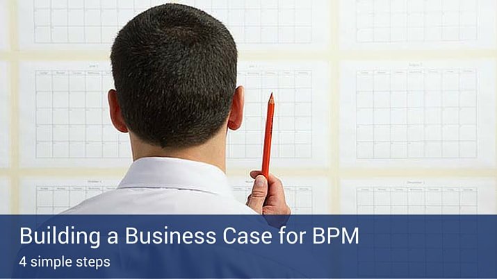 A man looking at a wall with a calendar, holding a pen up in the air with a banner that says "Building a Business Case for BPM" across the bottom.