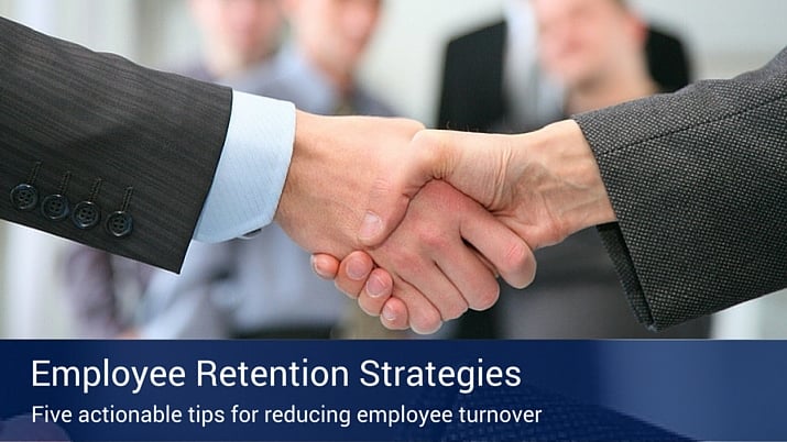 Two business professionals shaking hands with a banner below them that says " Employee Retention Strategies".