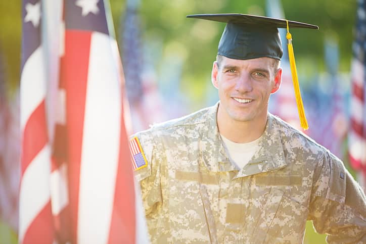 American Soldier with graduation hat in front of American flags