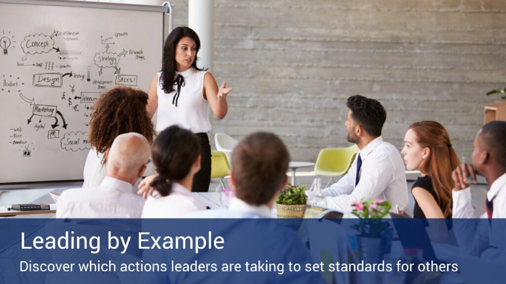 A woman standing in front of a whiteboard with drawings and concepts giving a presentation about leadership.