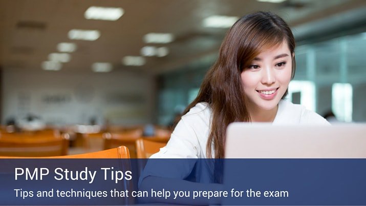 A woman sitting in a library studying on her computer and a blue banner that says "PMP Study Tips".