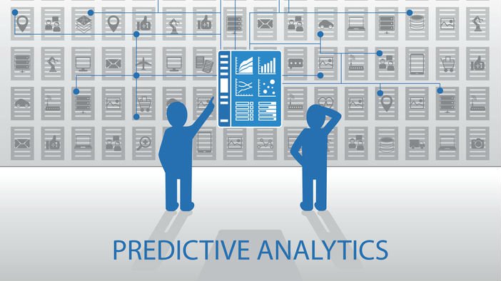 An illustration of two blue people looking at a wall of hundreds of steps and charts related to predictive analytics, with "predictive Analytics" in big blue letters at the bottom of the image.