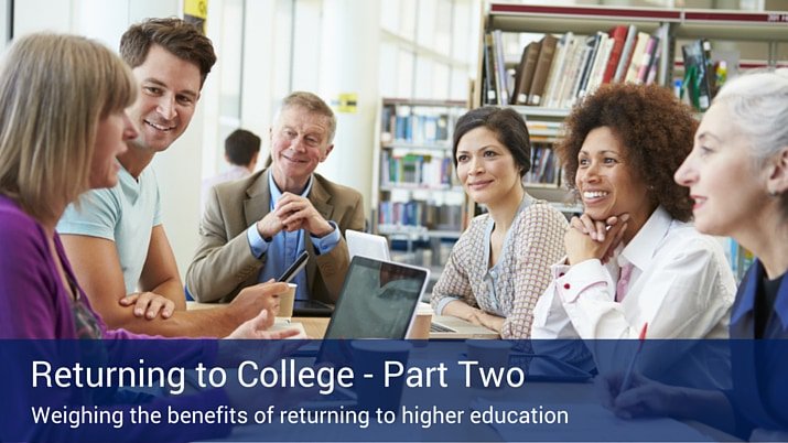 Returning college students sitting around a table and listening to one woman talking while on her computer, with a banner across the image that says "Returning to College - Part Two".