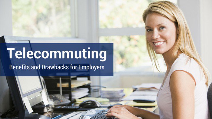 A woman working at home on her computer, with a banner that reads "Telecommuting".