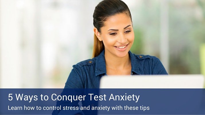 A banner that says "5 ways to conquer test anxiety" with a woman in the background on her computer.