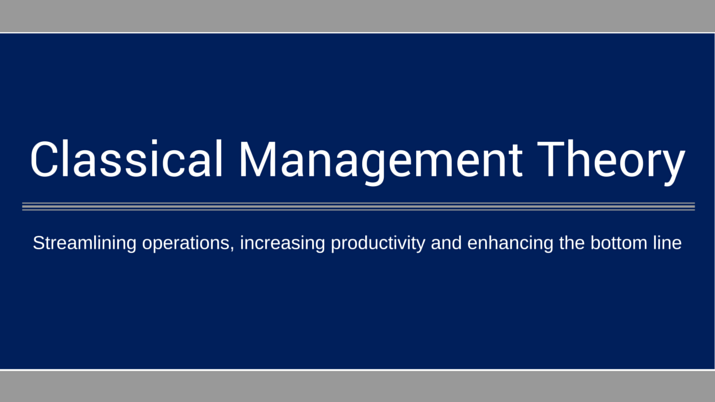 "Classical Management Theory" in large whit text with the subtitle "streamlining operations, increasing productivity and enhancing the bottom line" in small white text over a blue background