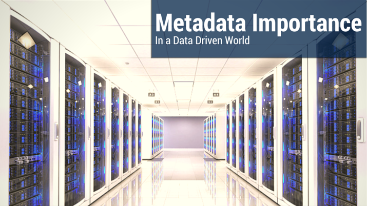 Hallway of a brightly lit server room, with a blue banner that reads "Metadata Importance".